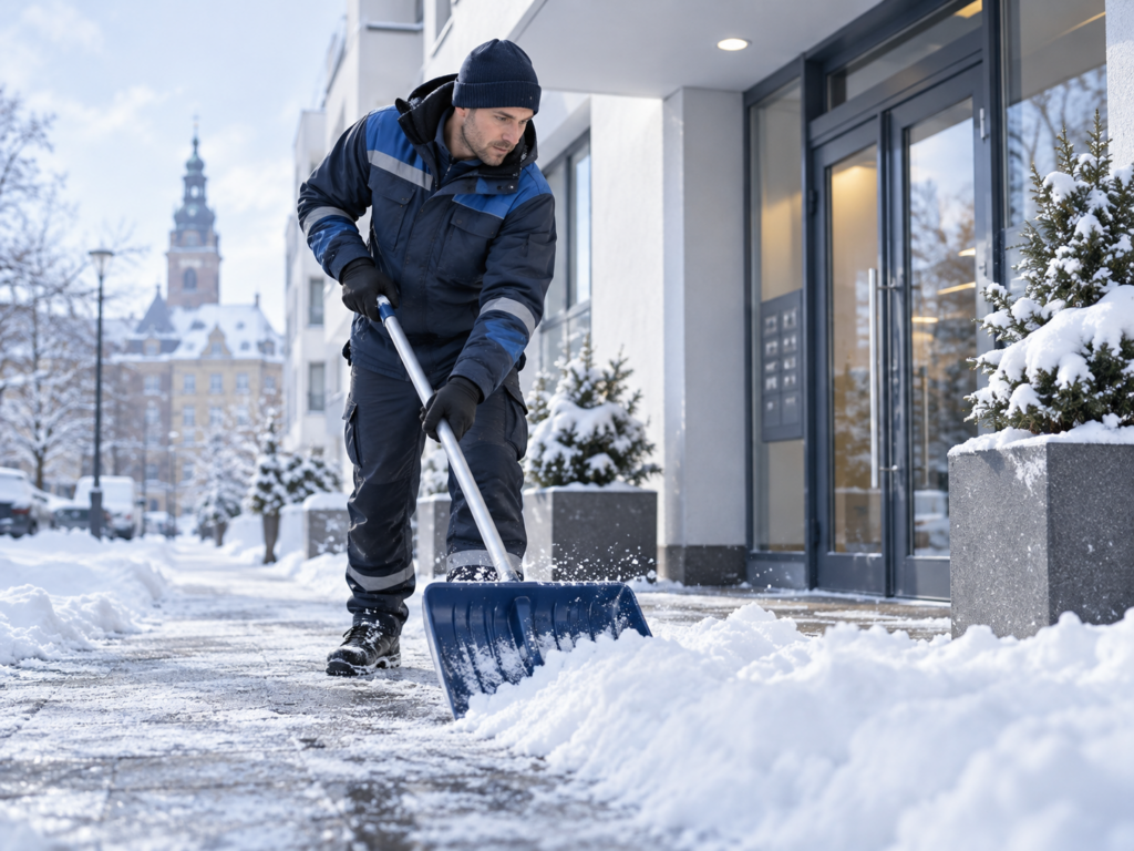 Mitarbeiter der PARUS Ost GmbH beim Winterdienst vor einem Gebäude in Chemnitz